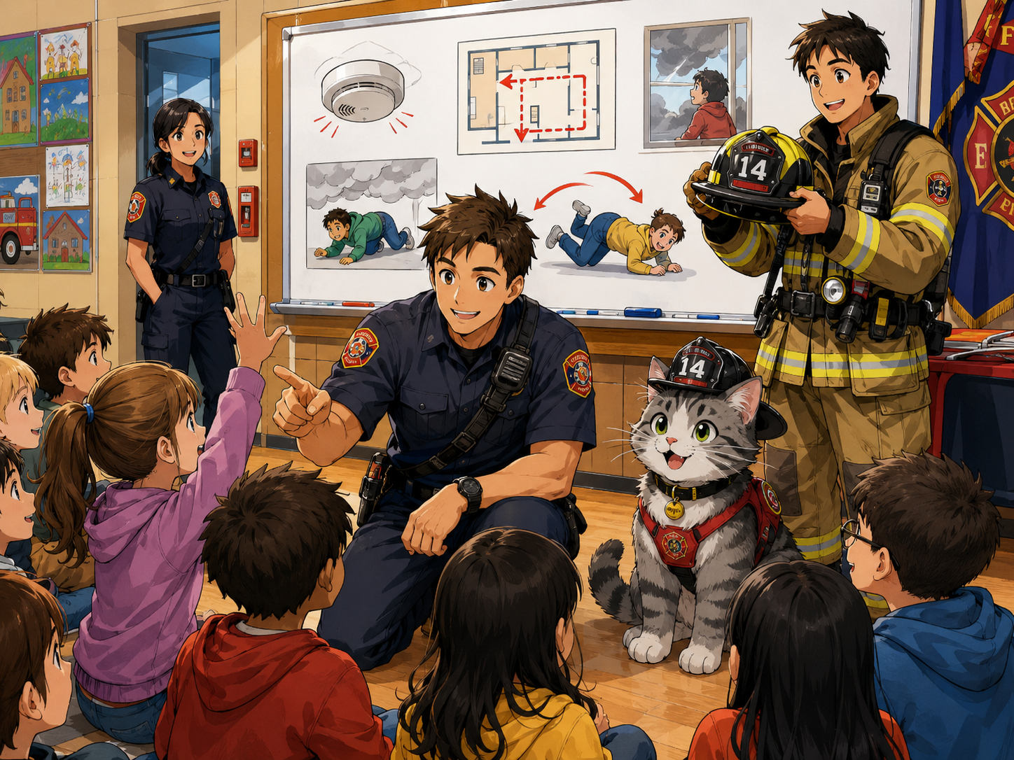 Firefighters teaching fire safety during a school visit.