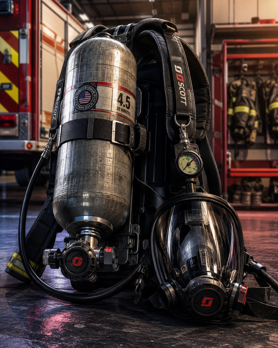 Self-contained breathing apparatus displayed in a fire station.