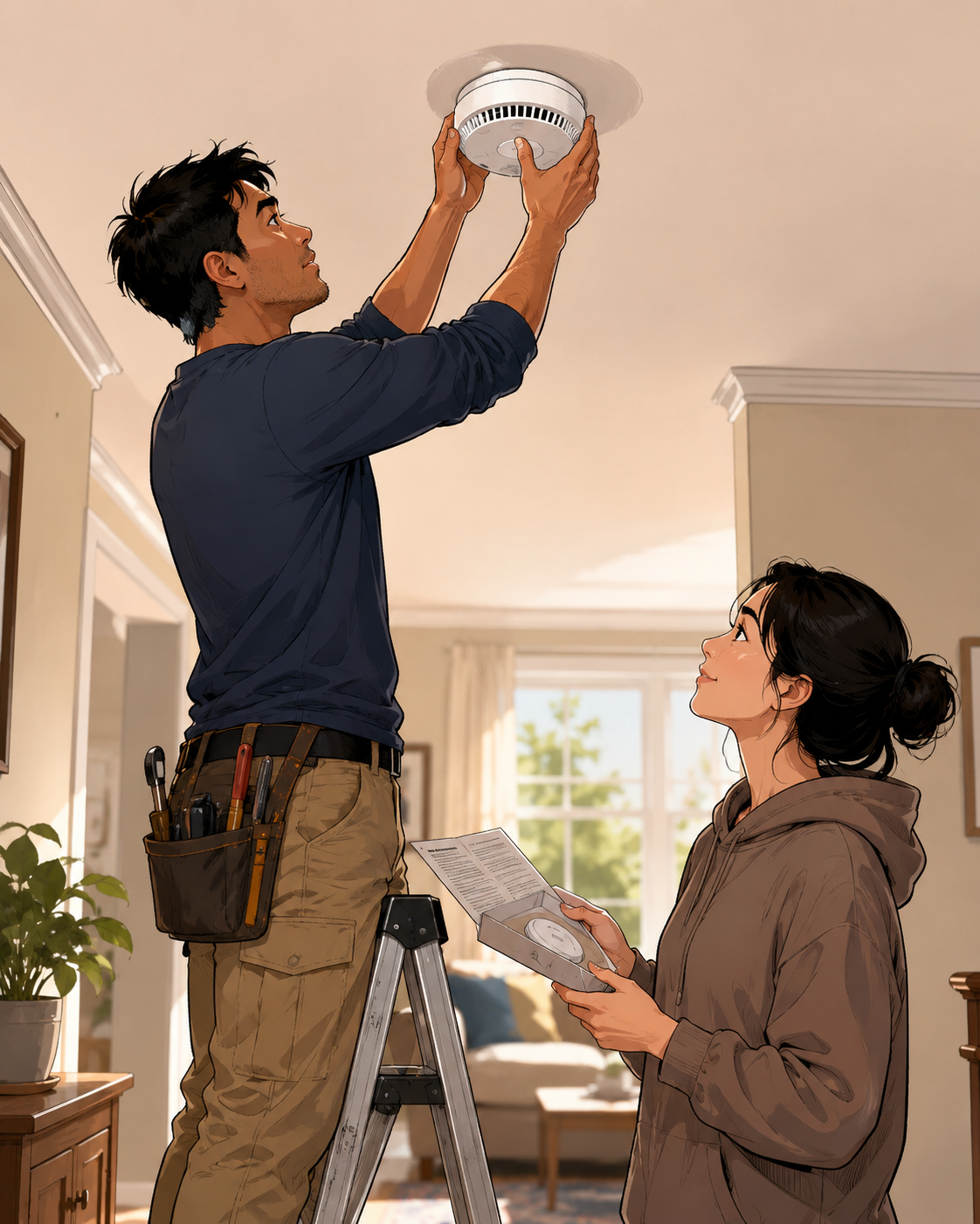 A smoke alarm installed on a ceiling as part of home fire safety.
