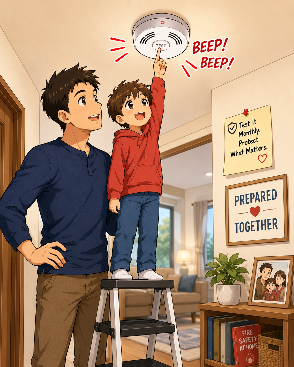 Family testing a smoke alarm together safely.