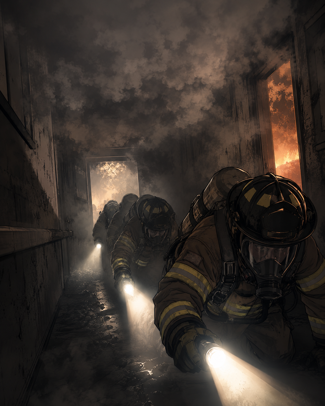 Firefighters navigating smoke with low visibility in a hallway.