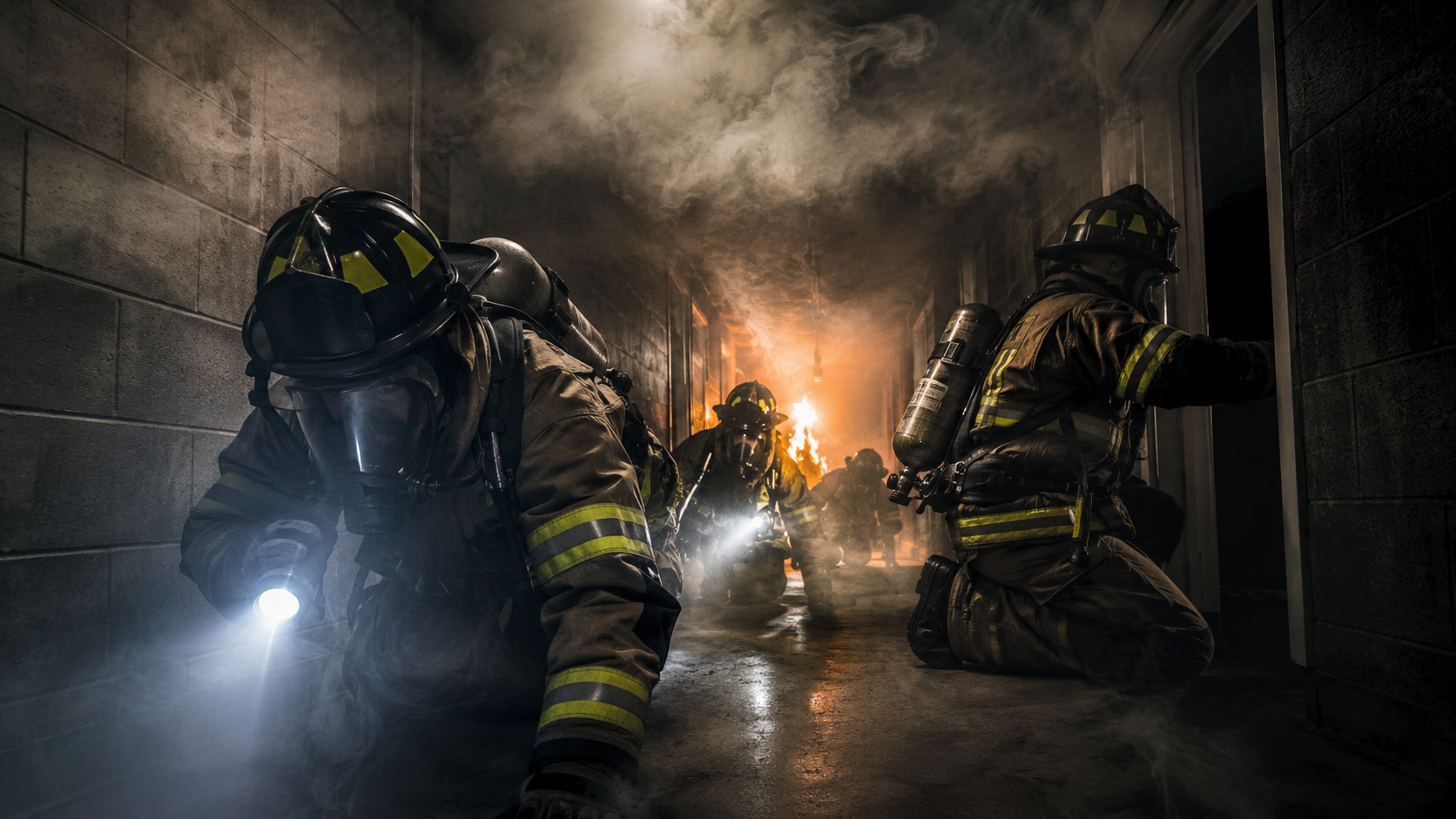 Firefighters training in a smoke-filled hallway with low visibility.