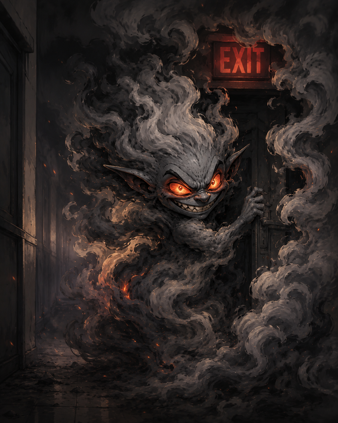 Smoke Goblin hiding an exit in a smoky hallway.