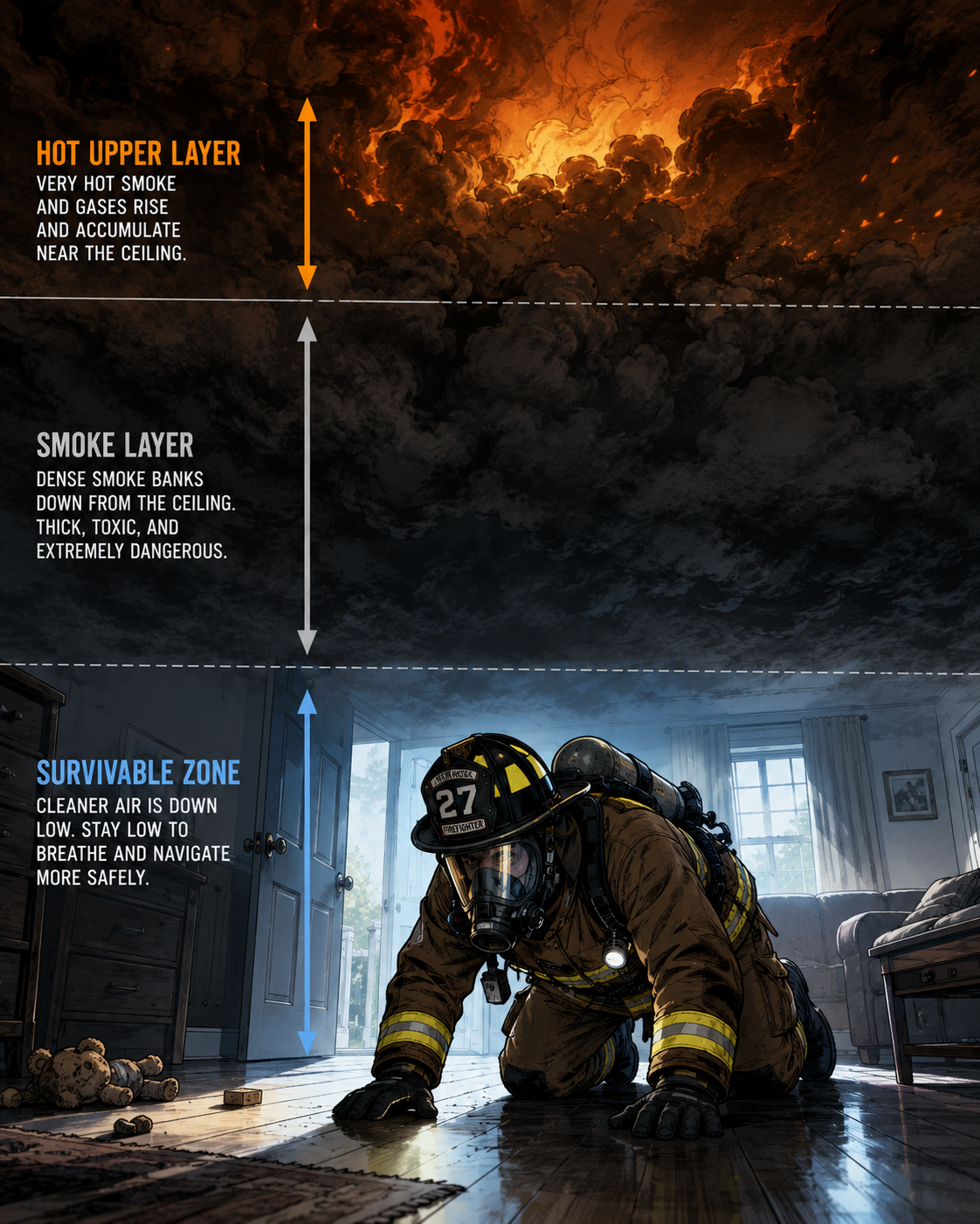 Smoke layers collecting near a ceiling in a fire room.