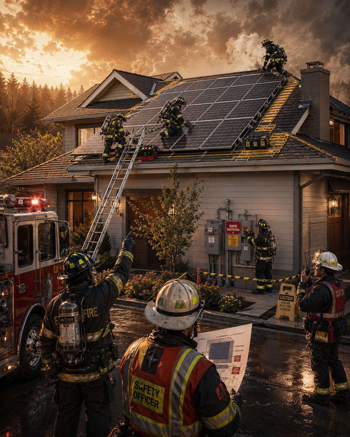 Firefighters responding near a solar and battery-equipped home.