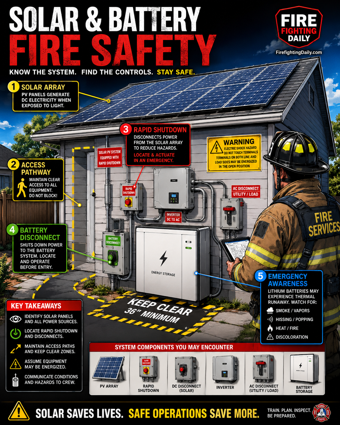 Solar and battery fire safety guide panel.