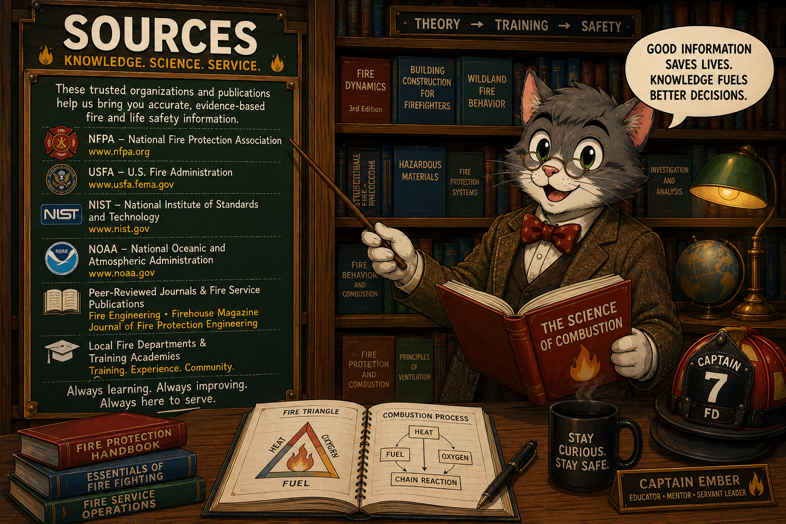 Professor Combustion in a fire safety sources library.