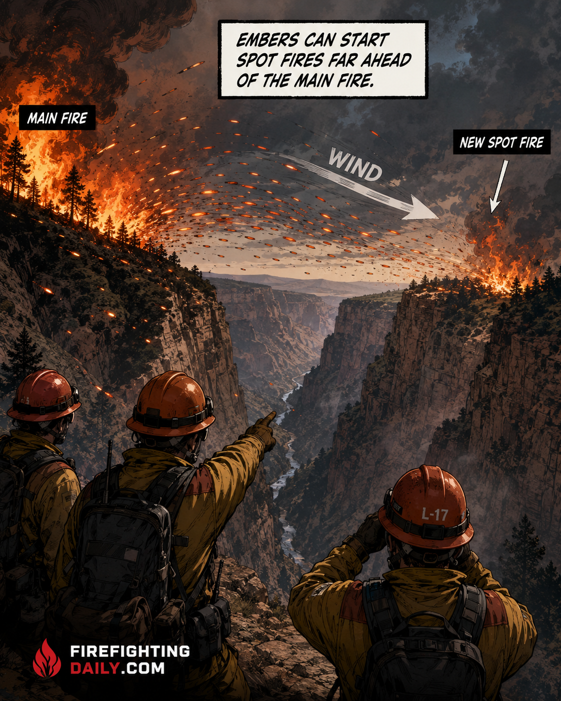 Spot fire crossing a canyon by wind-driven embers.