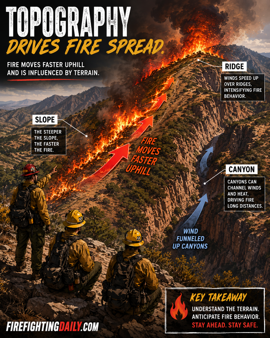 Topography and fire spread scene showing terrain effects.