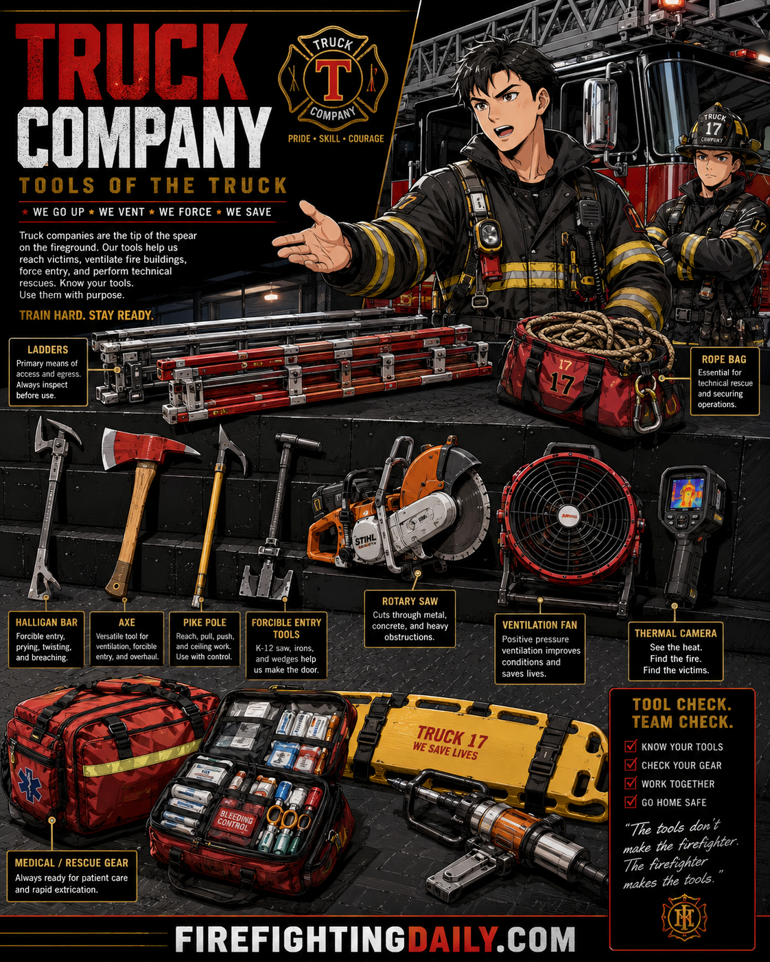Truck company tools displayed in a firehouse bay.