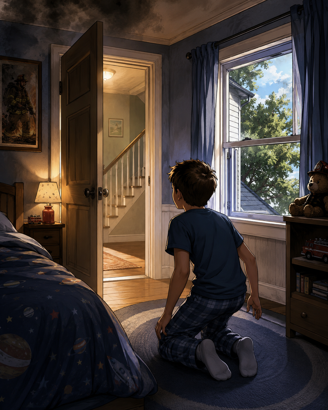 Bedroom scene showing two ways out.