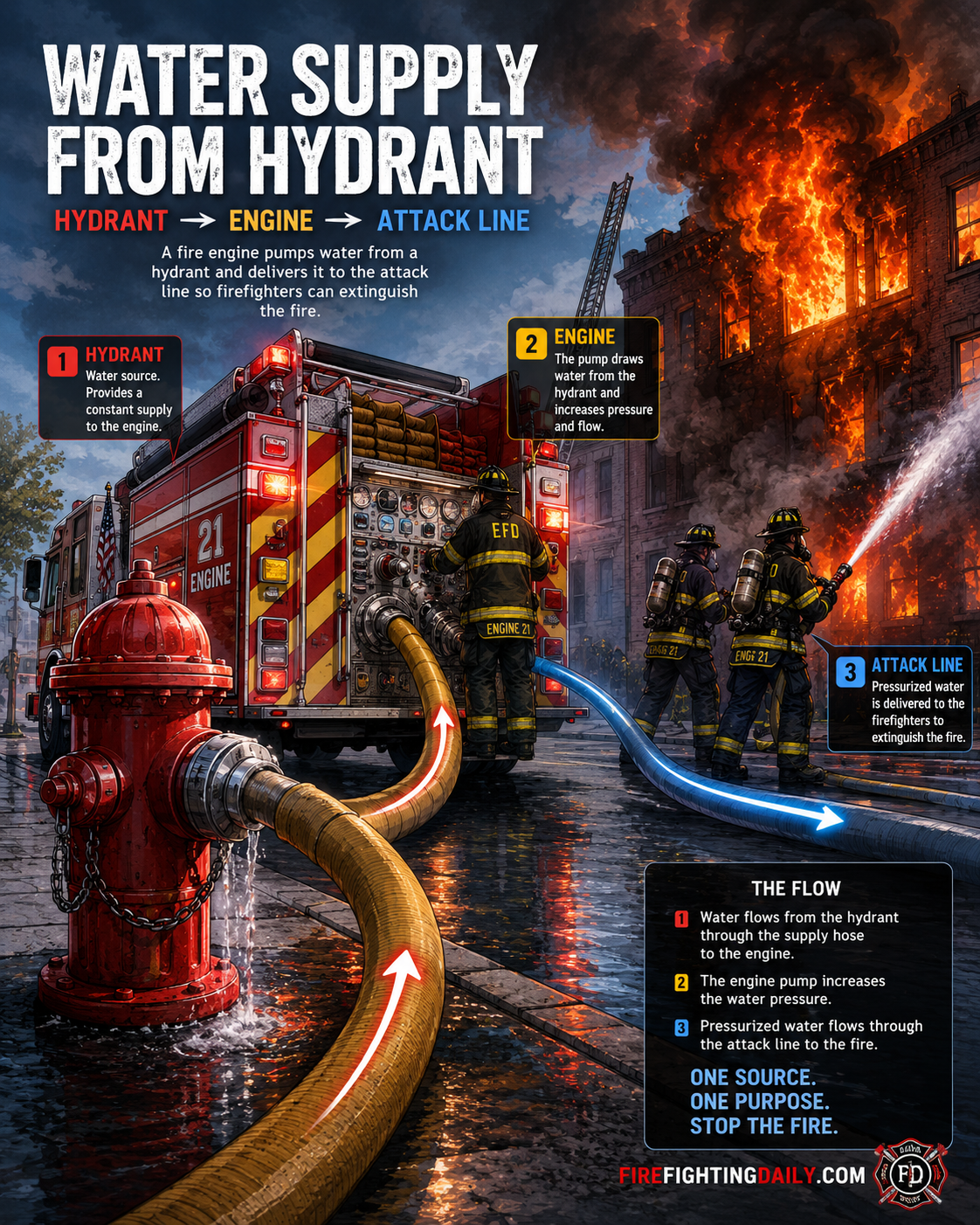 Firefighters using hydrant water supply during operations.
