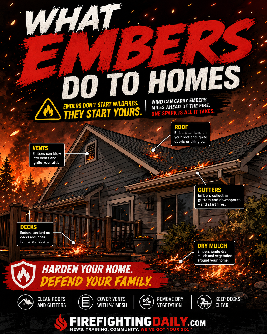 Feature image showing wildfire embers threatening common home ignition points.