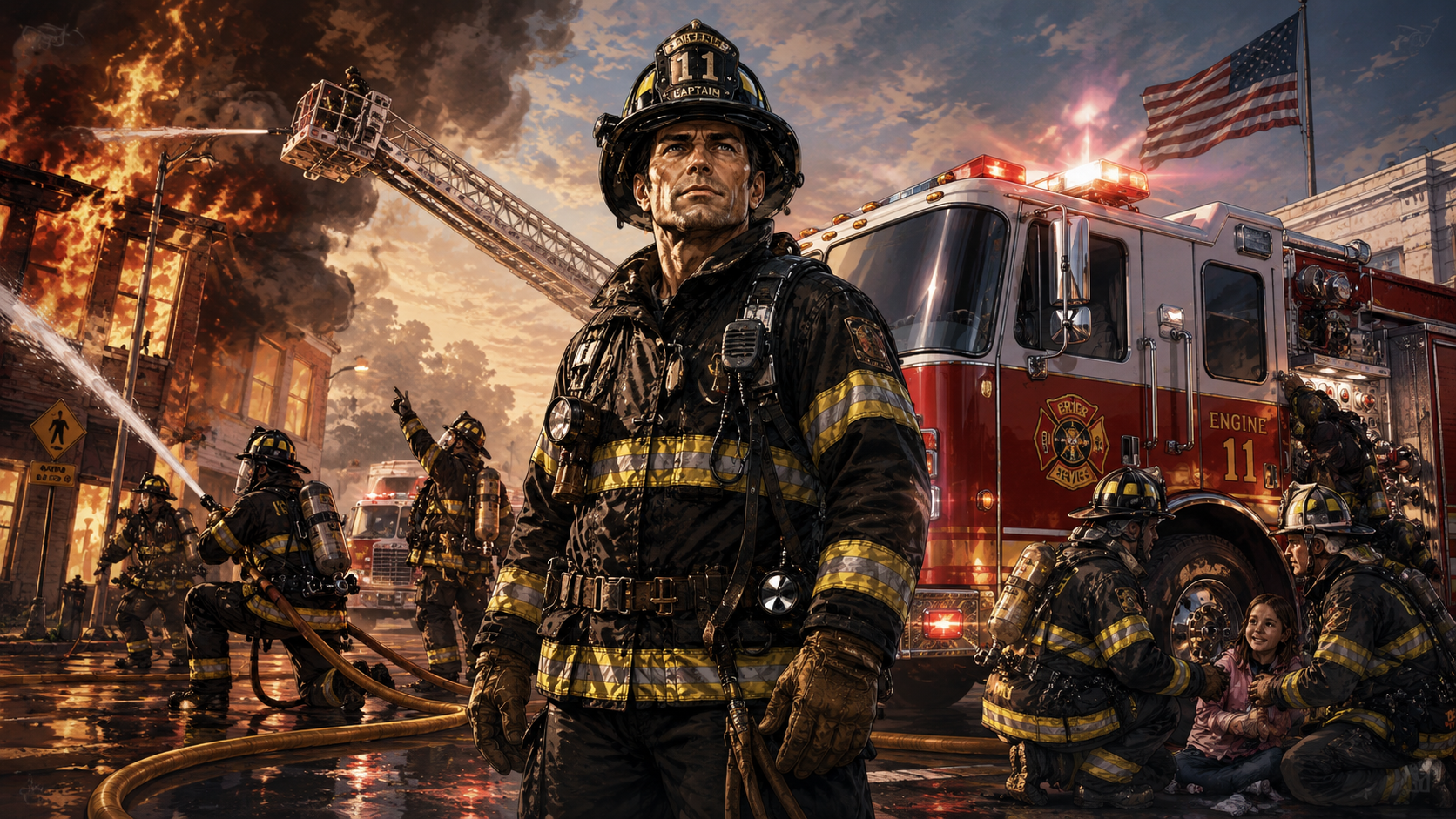 Firefighters working together during a dramatic response scene.
