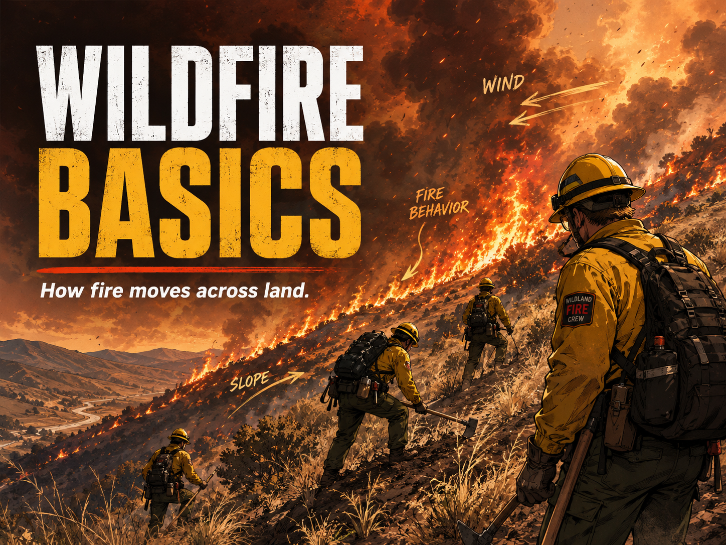 Wildfire crew facing flames on a ridge with dramatic wind and ember glow.