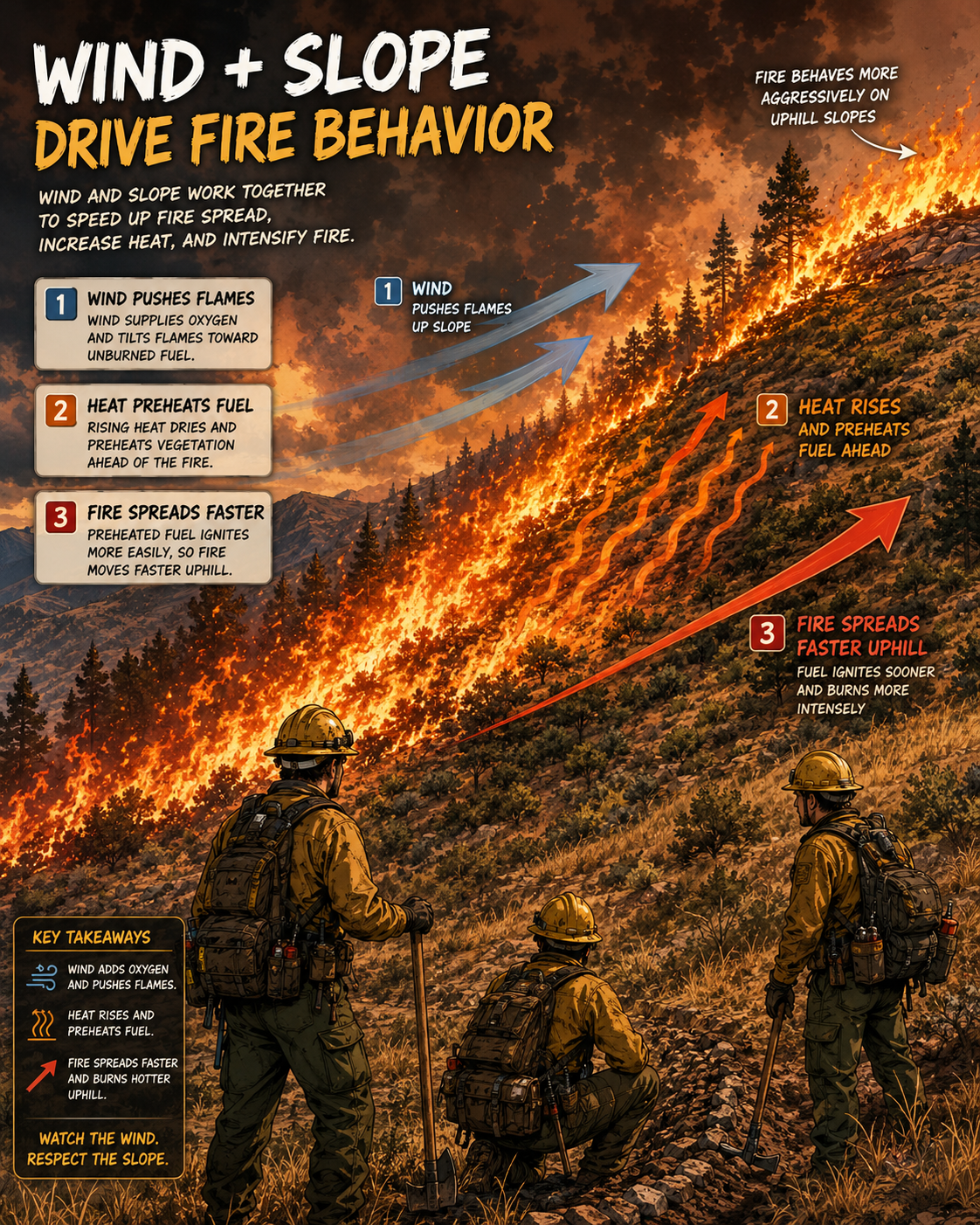 Wildfire behavior scene showing wind and slope effects.