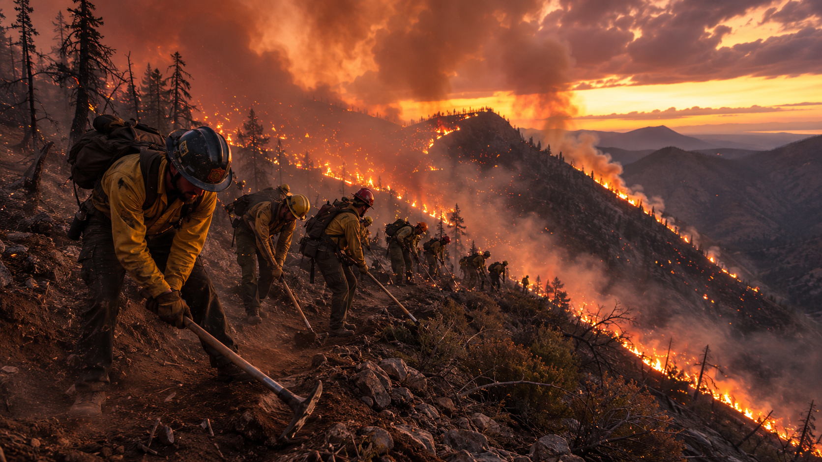 Wildland firefighters defending a ridge during a wildfire.