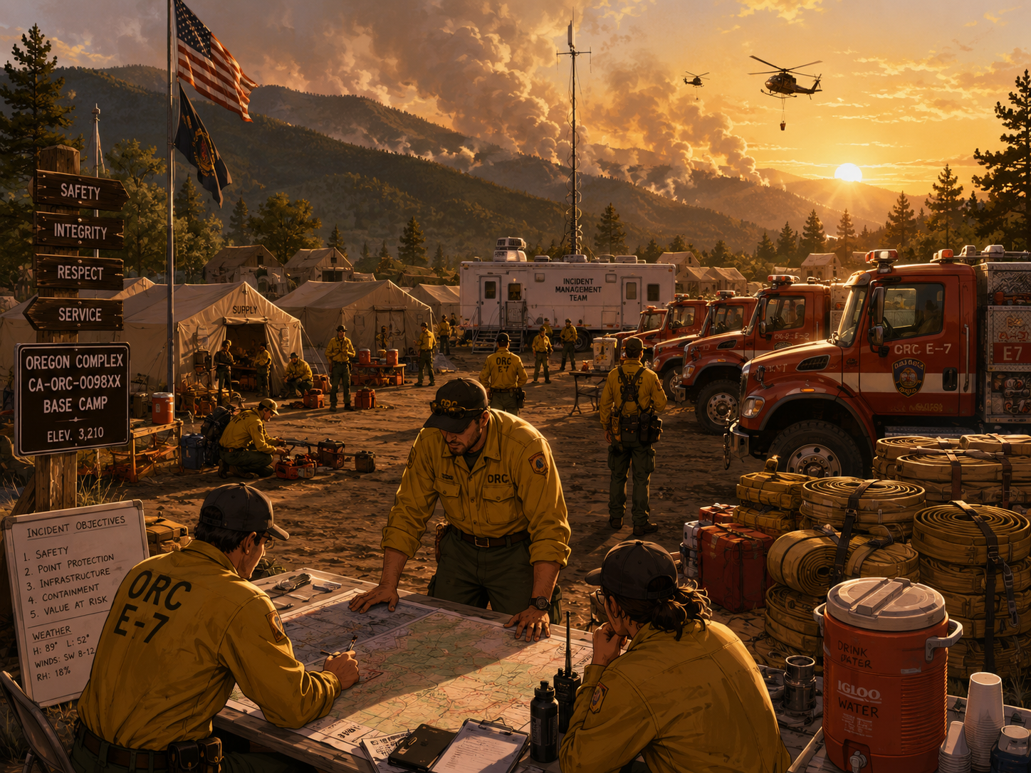 Wildland firefighting base camp at sunset.