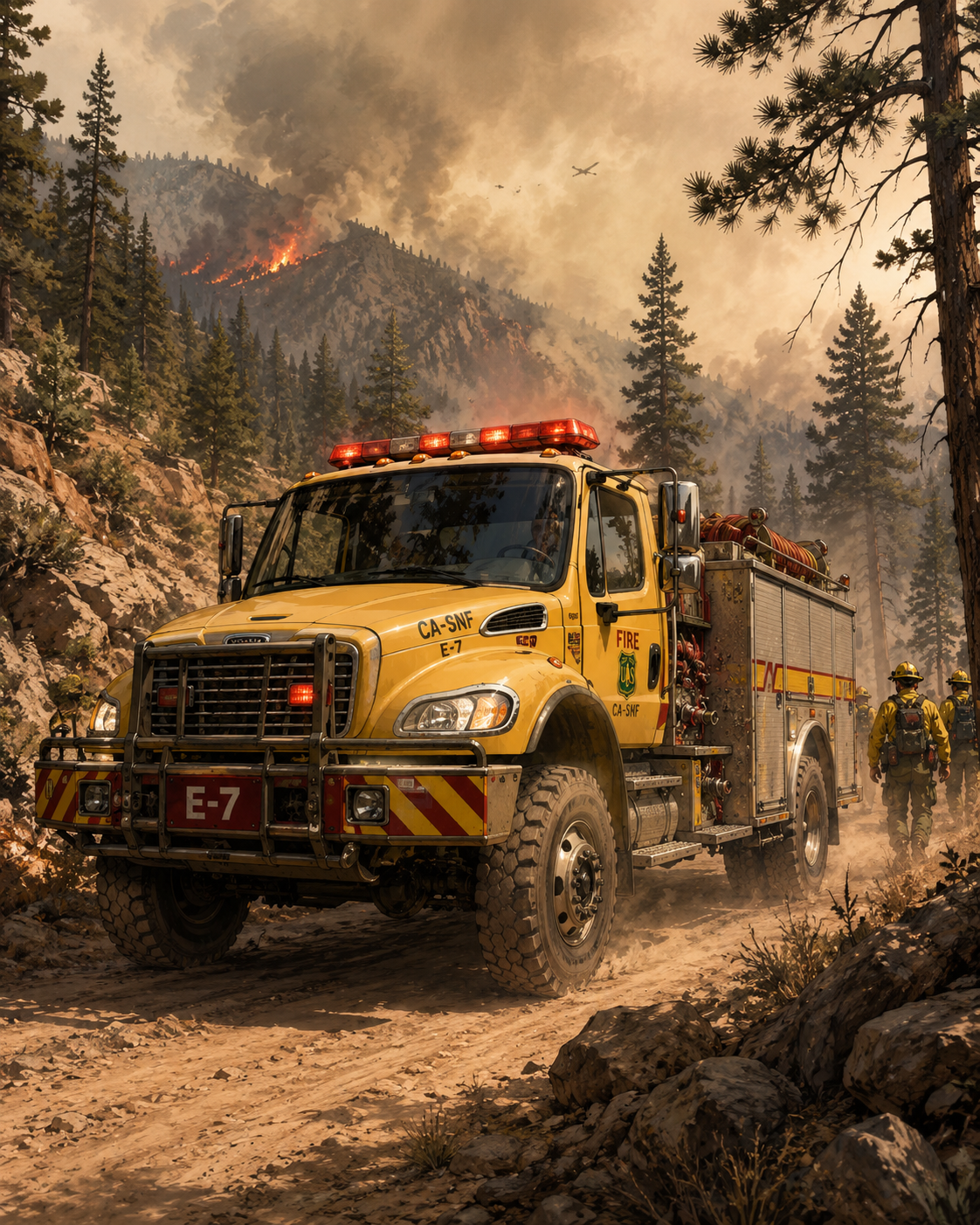 Wildland engine on a forest road during wildfire response.