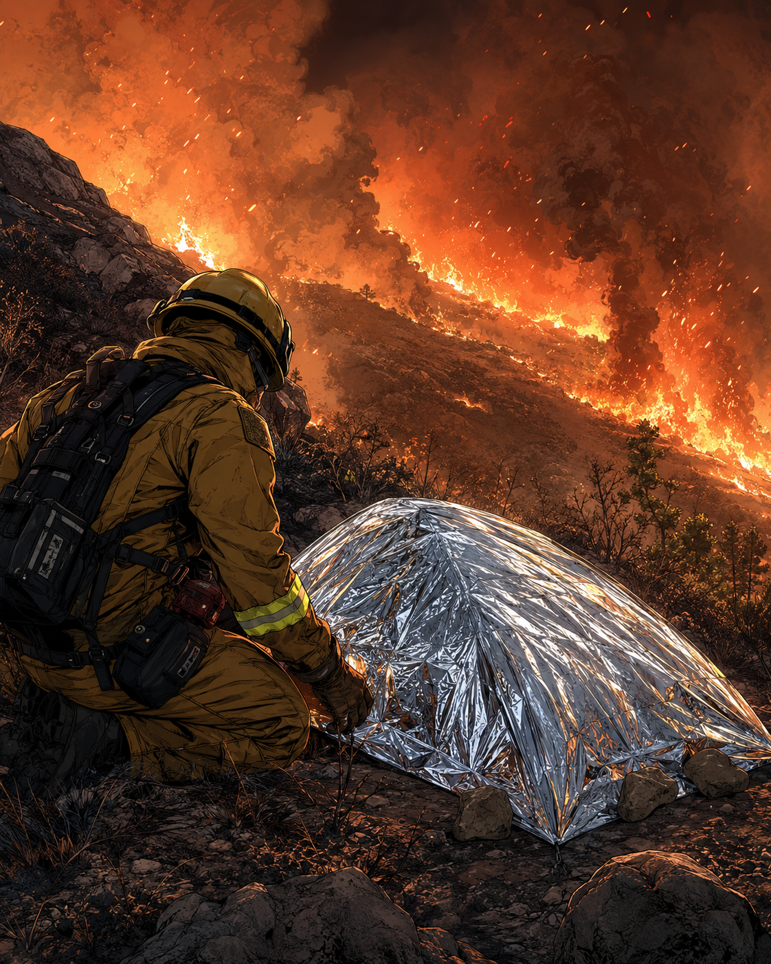 Wildland fire shelter concept illustration.