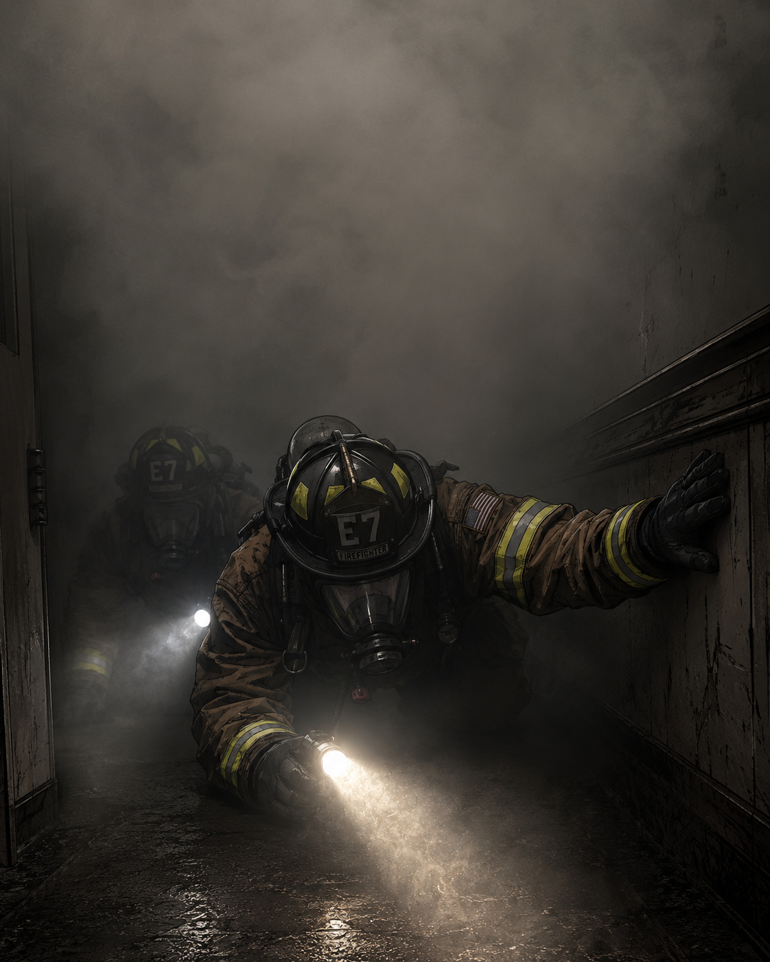 A hallway filled with smoke and low visibility.